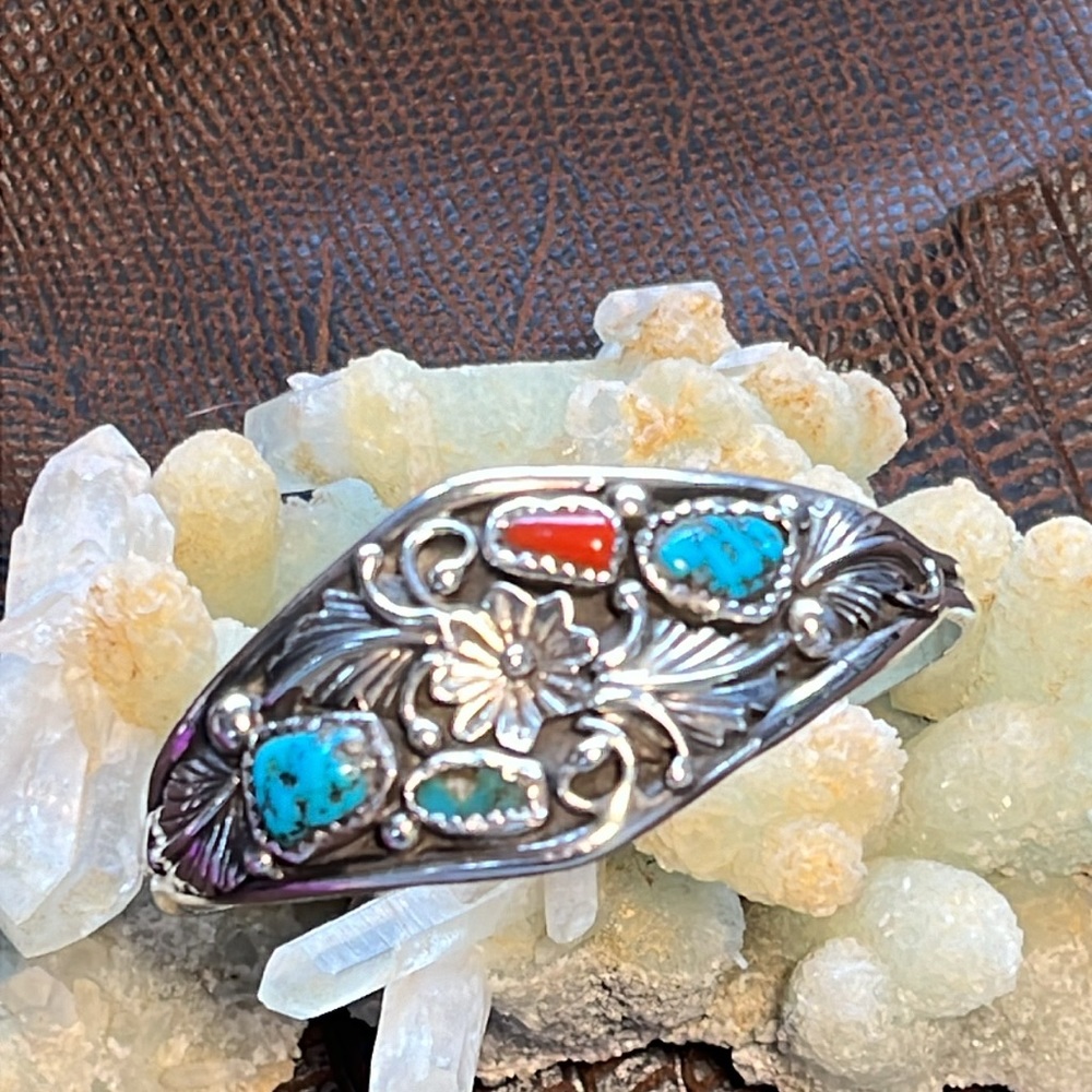 Sterling Silver, Turquoise and Coral Cuff Bracelet - Picture 4 of 9